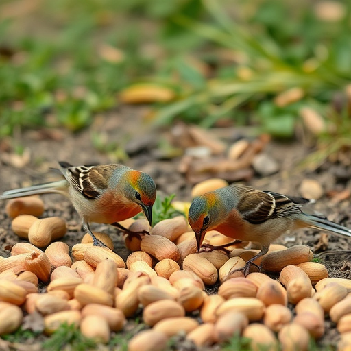 Birds pecking at scattered peanuts outdoors