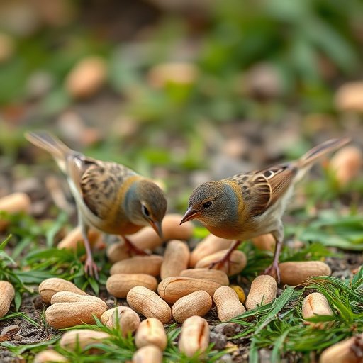 Birds pecking at scattered peanuts outdoors