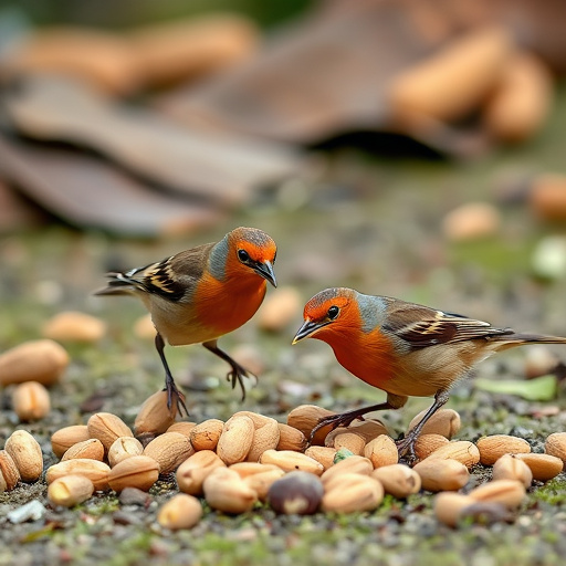 Birds pecking at scattered peanuts outdoors
