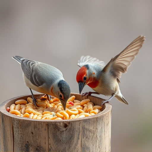 Birds pecking at suet and mealworms