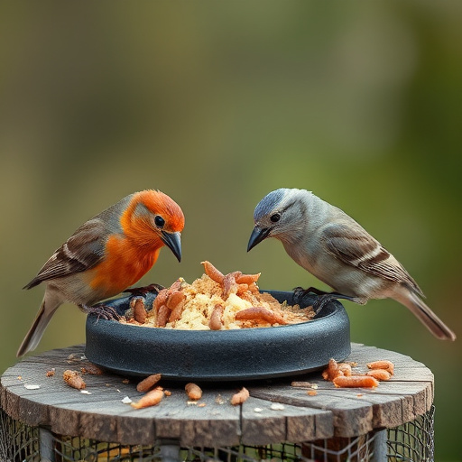 Birds pecking at suet and mealworms