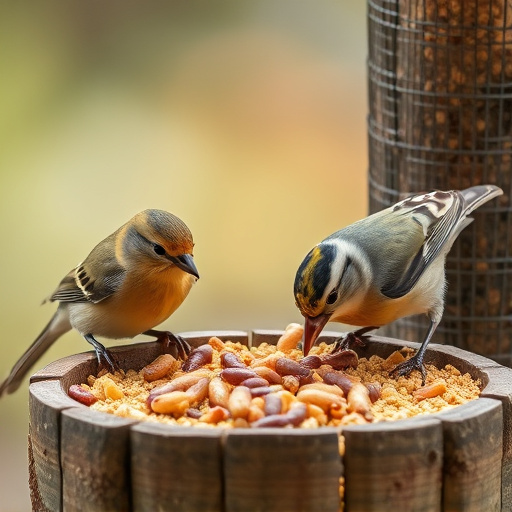 Birds pecking at suet and mealworms