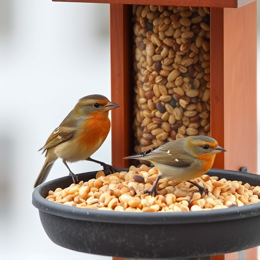 Birds pecking seeds from ground feeder