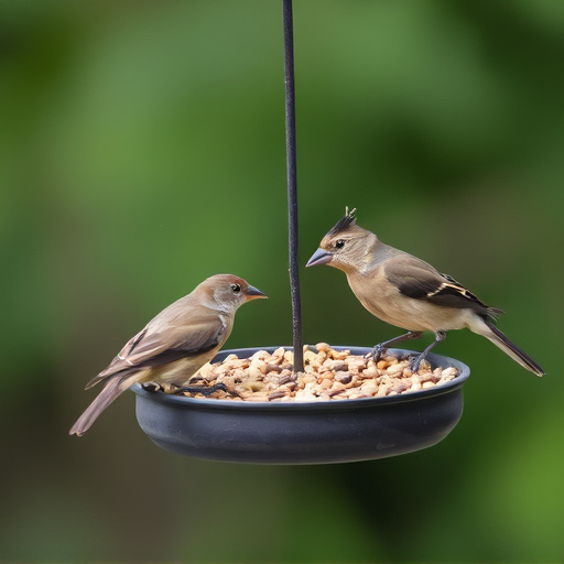 Birds pecking seeds from ground feeder