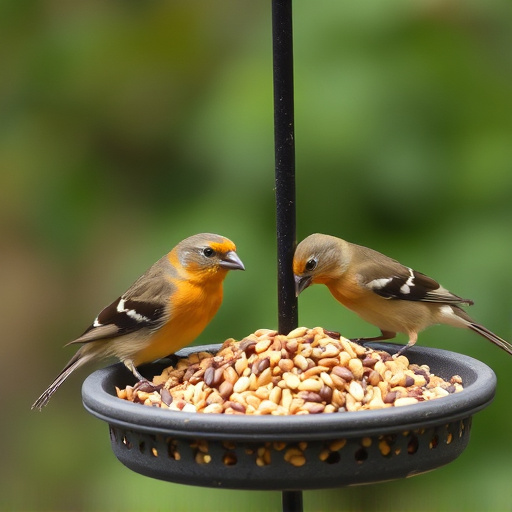 Birds pecking seeds from ground feeder