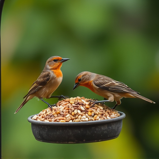 Birds pecking seeds from ground feeder