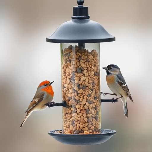 Birds perched around tidy seed-filled feeder