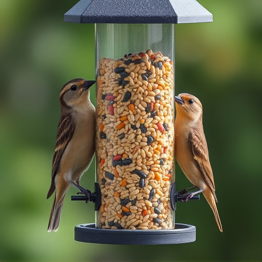 Birds perched around tidy seed-filled feeder