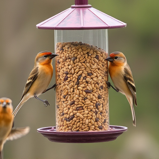 Birds perched around tidy seed-filled feeder