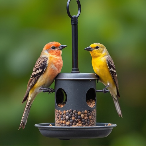 Birds perched on compact feeding station