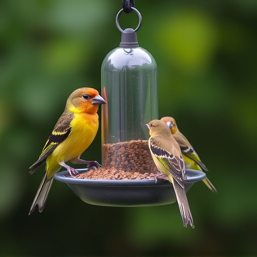 Birds perched on compact feeding station