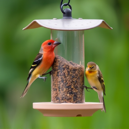 Birds perched on compact feeding station
