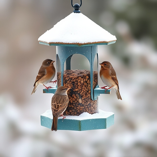 Birds perched on snowy bird feeder