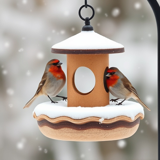 Birds perched on snowy bird feeder