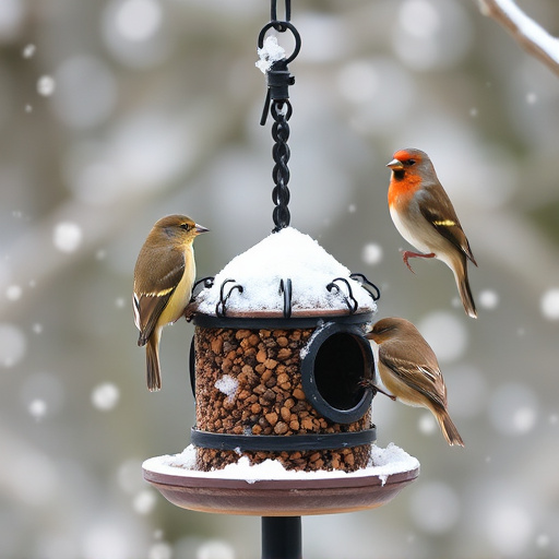 Birds perched on snowy bird feeder