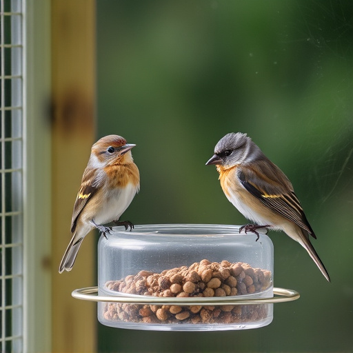 Birds perched on transparent window feeder