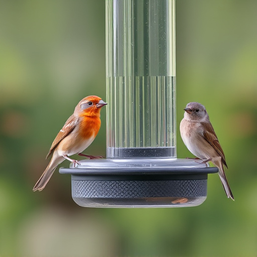 Birds perched on transparent window feeder