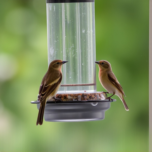 Birds perched on transparent window feeder