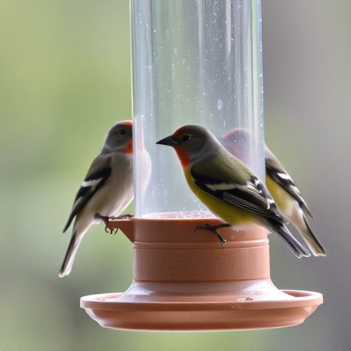 Birds perched on transparent window feeder
