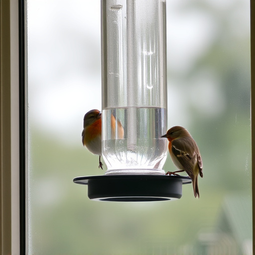 Birds perched on transparent window feeder