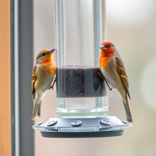Birds perched on transparent window feeder