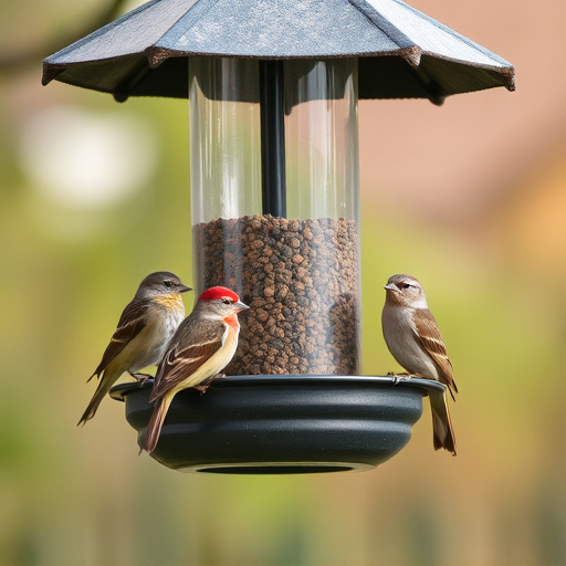 Birds perched on weatherproof feeder