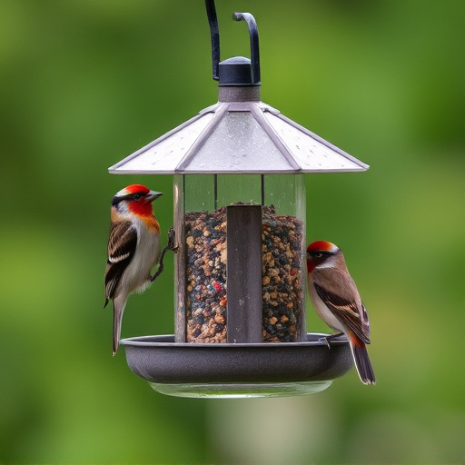 Birds perched on weatherproof feeder