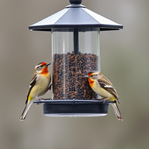Birds perched on weatherproof feeder