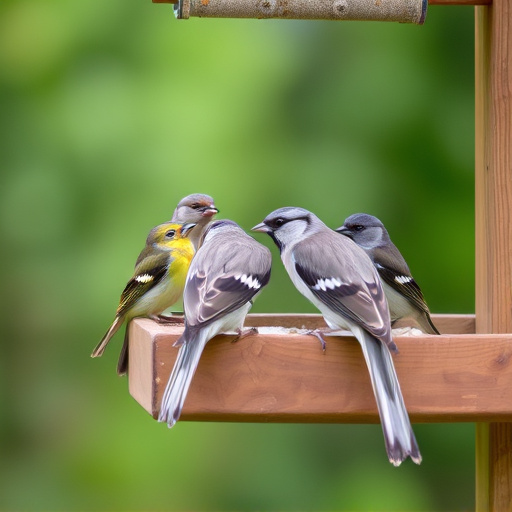 Birds perched on wooden feeding platform