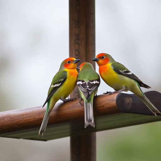 Birds perched on wooden feeding platform