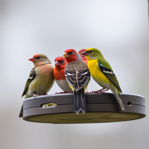 Birds perched on wooden feeding platform