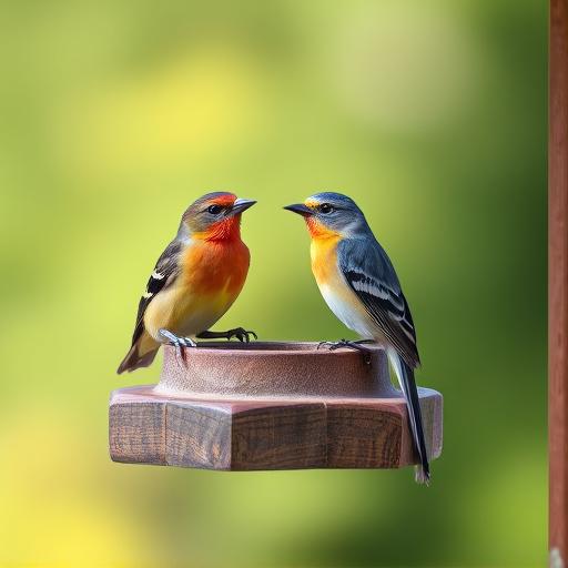 Birds perched on wooden feeding platform