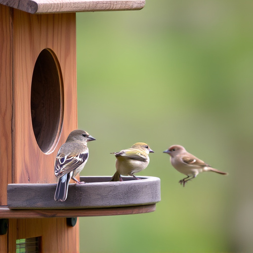 Birds perched on wooden feeding platform