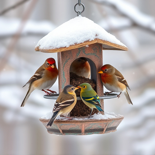 Birds sheltering near winter feeder