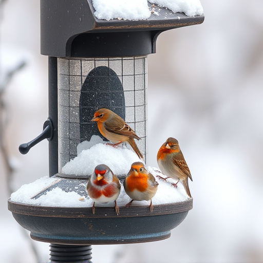 Birds sheltering near winter feeder