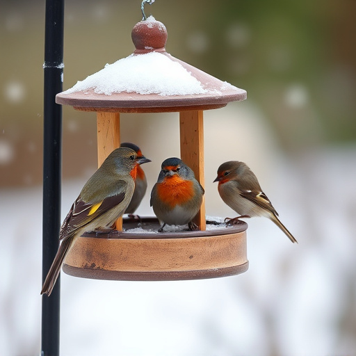 Birds sheltering near winter feeder