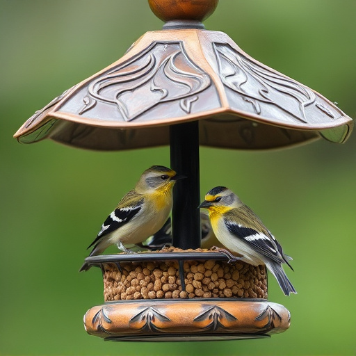 Birds sheltering under weatherproof feeder