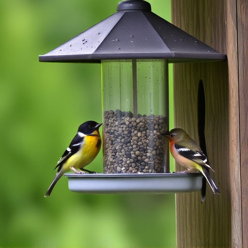 Birds sheltering under weatherproof feeder