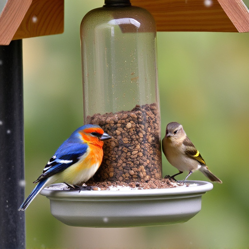 Birds sheltering under weatherproof feeder