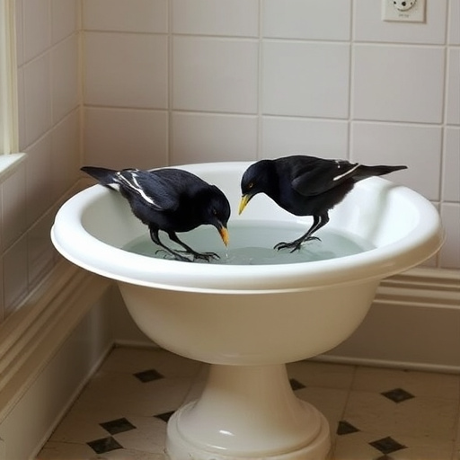 Blackbird drinking from vintage pedestal bath