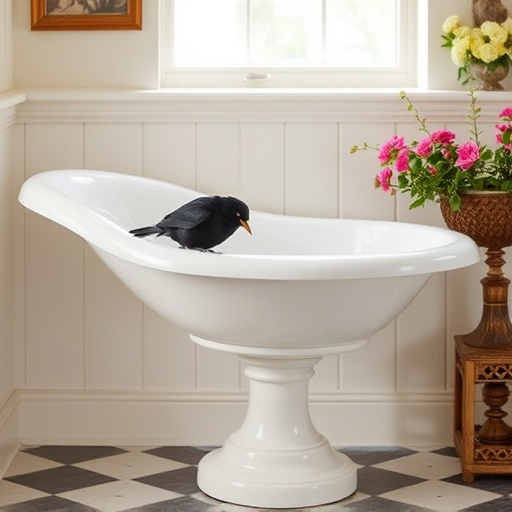 Blackbird drinking from vintage pedestal bath
