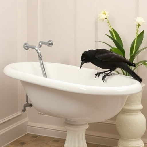 Blackbird drinking from vintage pedestal bath