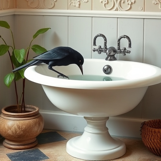 Blackbird drinking from vintage pedestal bath