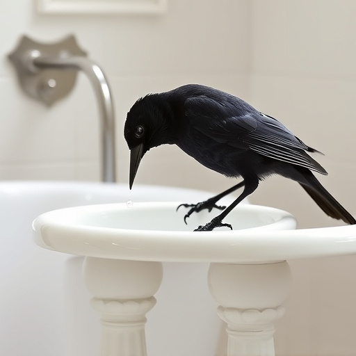 Blackbird drinking from vintage pedestal bath