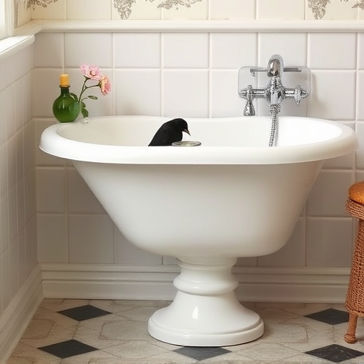 Blackbird drinking from vintage pedestal bath
