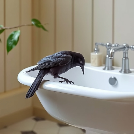 Blackbird drinking from vintage pedestal bath