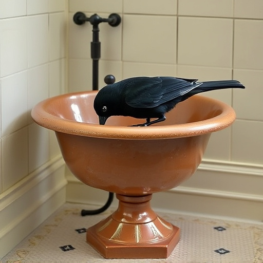 Blackbird drinking from vintage pedestal bath