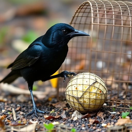 Blackbird feeding near ground fat ball cage