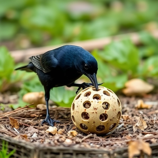 Blackbird feeding near ground fat ball cage