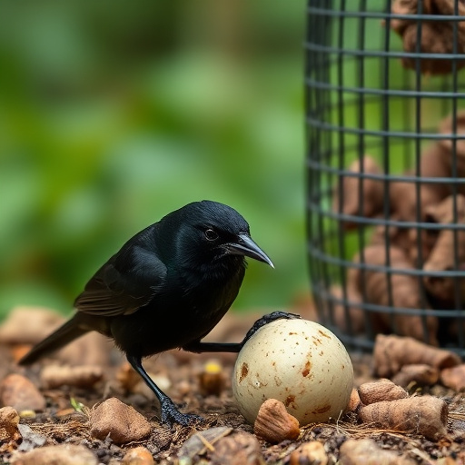 Blackbird feeding near ground fat ball cage